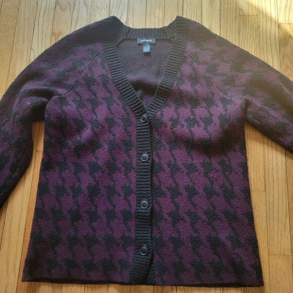 Womens Purple & Black Houndstooth Cardigan Sweater Button-Up Express Size L Knit - Picture 2 of 4